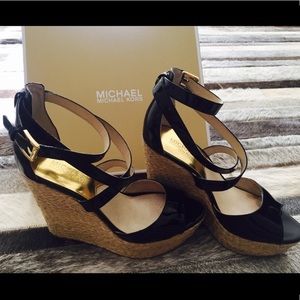 Holly Rope Trim Black Leather Wedge